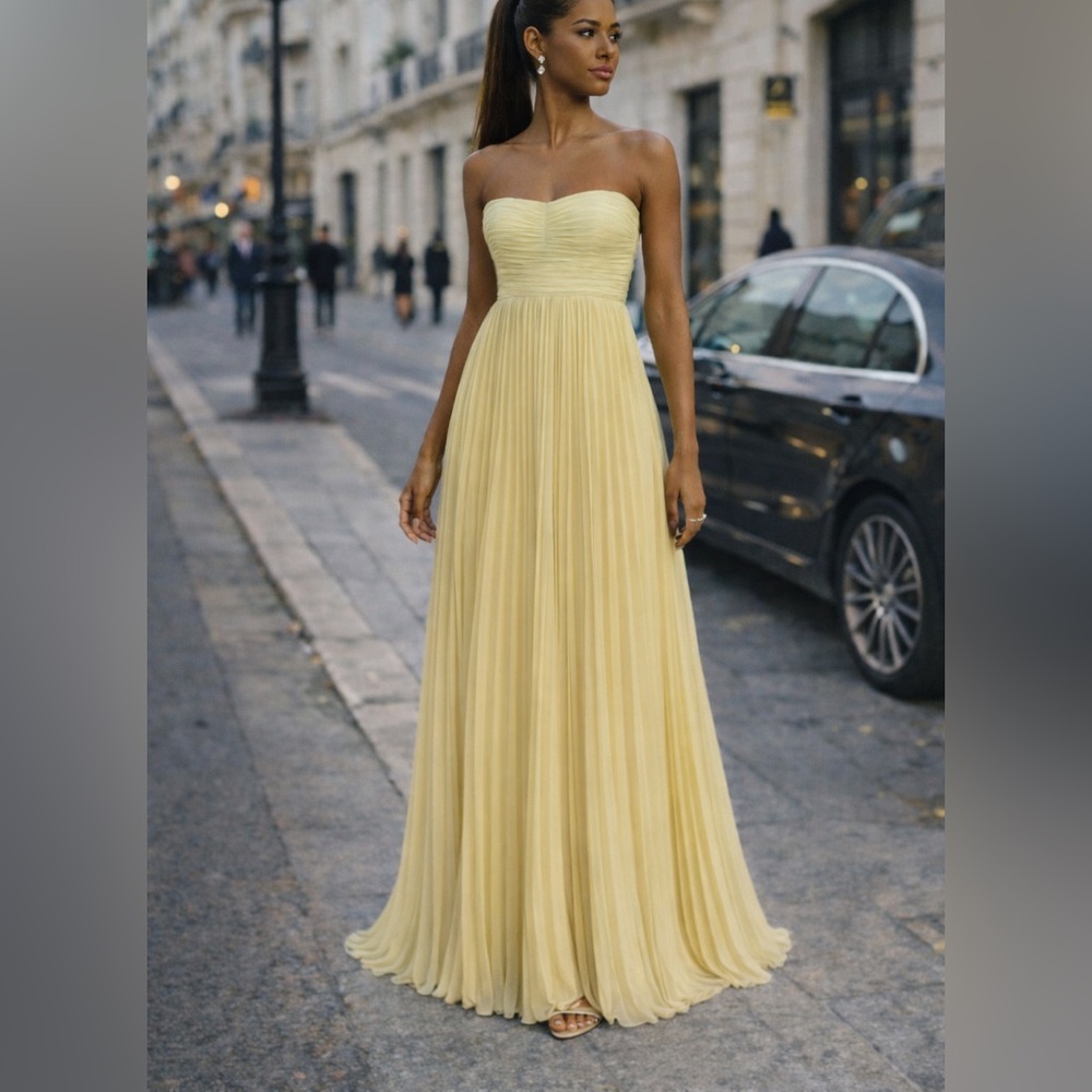 A-Line Empire Strapless corset back‎ Pleated yellow Maxi Chiffon Dress size s